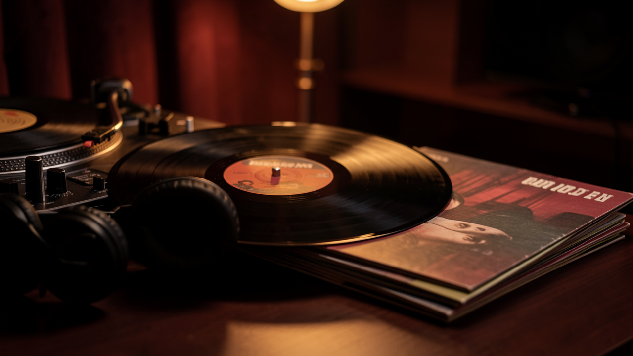Un disque vinyle de hip-hop posé près d’une platine, d’un casque audio et de pochettes d’albums sans inscription, dans une lumière chaleureuse.