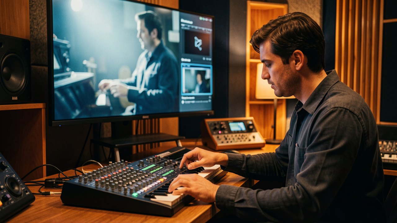 Un compositeur de musique à l’image travaille dans un studio chaleureux, entouré d’un clavier, d’un contrôleur audio et d’un écran montrant une scène cinématographique floue.