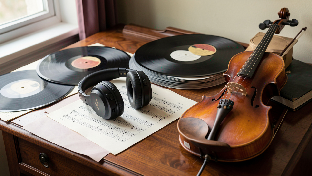 Casque audio posé près de partitions vierges, de vinyles et de violes anciennes dans une ambiance sobre, chaleureuse et élégante.