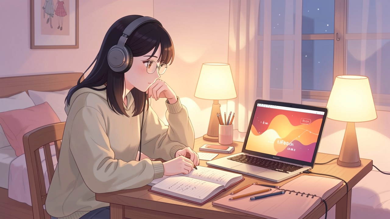 Jeune étudiante travaillant le soir à un bureau, avec un casque audio, des cahiers ouverts et un ordinateur affichant une animation lo-fi chaleureuse.