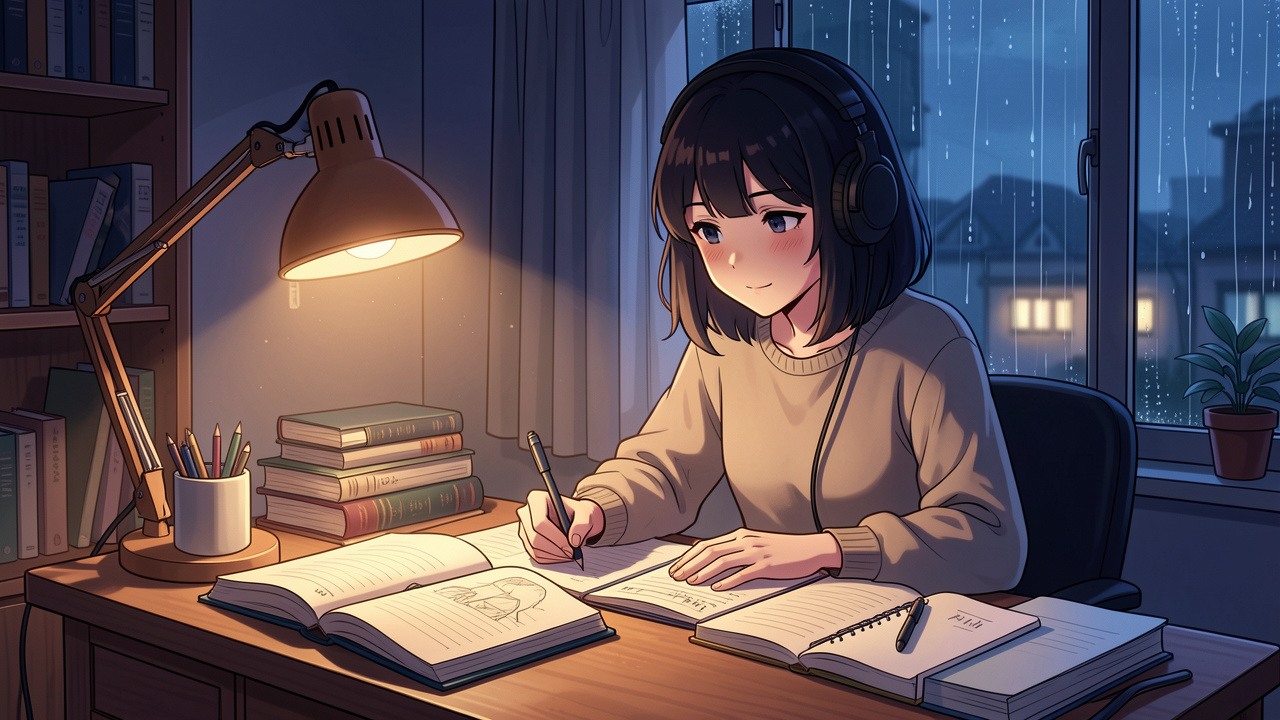 Une jeune étudiante dessinée dans un style d’animation japonaise travaille de nuit à son bureau, avec un casque audio, des cahiers ouverts et la pluie visible derrière la fenêtre.