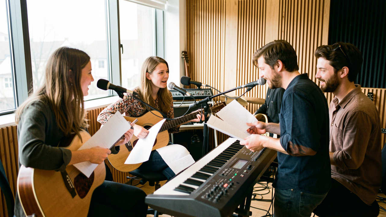 Groupe de deux femmes et deux hommes musiciens répétant ensemble autour de feuilles de musique vierges dans un studio lumineux.