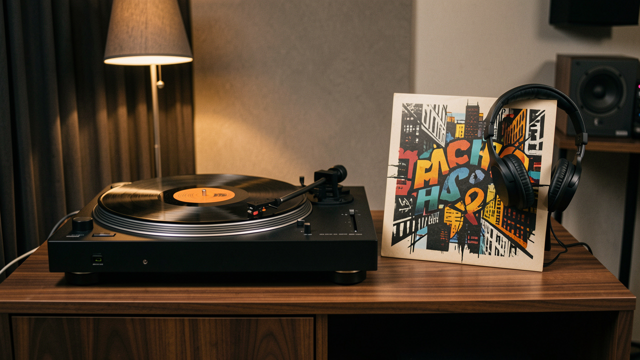 Platine vinyle noire posée sur un meuble hi-fi en bois, accompagnée d’une pochette musicale abstraite et d’un casque audio dans une ambiance de studio chaleureuse.