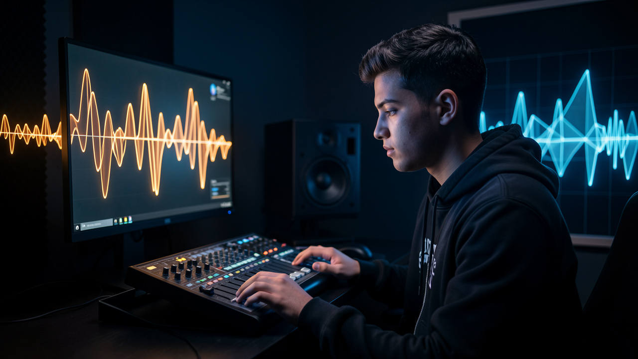 Un jeune rappeur observe une interface audio lumineuse dans un studio sombre, entouré d’ondes sonores organiques et géométriques représentant respectivement la voix humaine et le son synthétique.