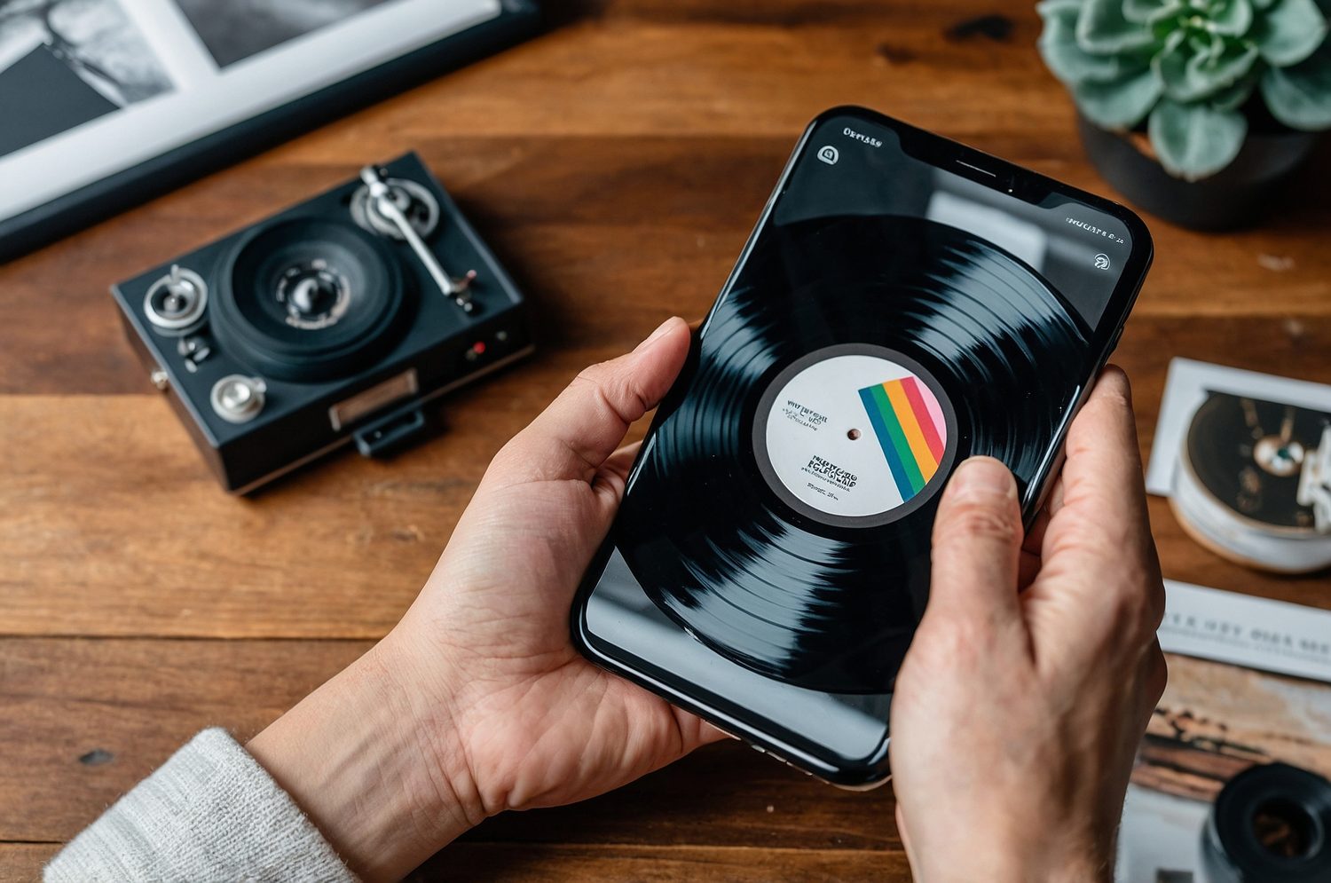 Un smartphone affichant une playlist musicale posé à côté de disques vinyles de NTM.